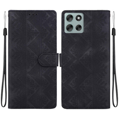 For Motorola Moto G56 5G / G66j 5G / G66y 5G Ethnic Pattern Embossed Vegan Leather Phone Case - Black - EDA009983915F