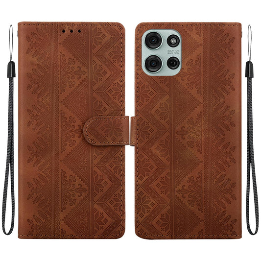 For Motorola Moto G75 5G Ethnic Pattern Embossed Vegan Leather Phone Case - Brown - EDA009983916A
