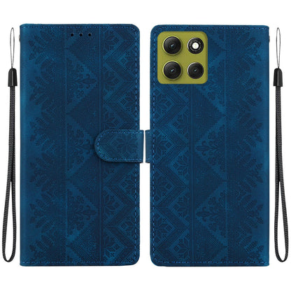 For Motorola Moto G86 5G Ethnic Pattern Embossed Vegan Leather Phone Case - Dark Blue - EDA009983917E