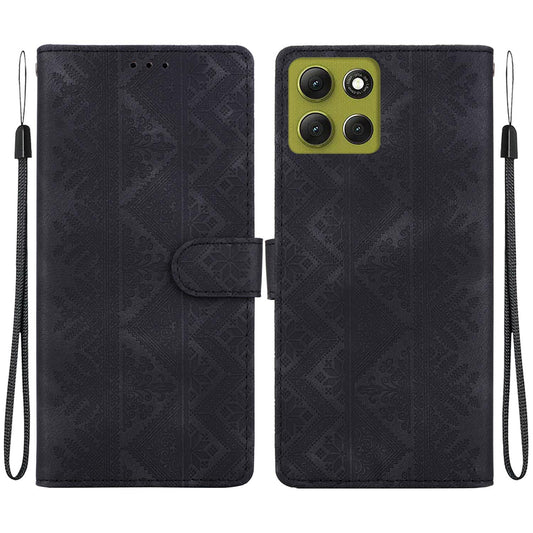 For Motorola Moto G86 5G Ethnic Pattern Embossed Vegan Leather Phone Case - Black - EDA009983917F