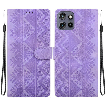 For Motorola Moto S50 / Edge 50 Neo Ethnic Pattern Embossed Vegan Leather Phone Case - Purple - EDA009983918D