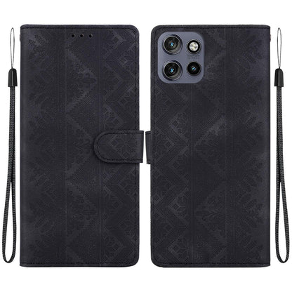 For Motorola Moto S50 / Edge 50 Neo Ethnic Pattern Embossed Vegan Leather Phone Case - Black - EDA009983918F
