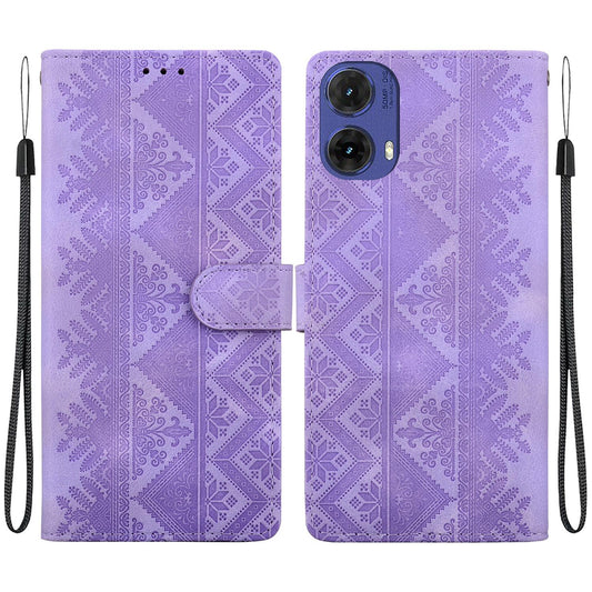 For Motorola S50 Neo / Moto G85 Ethnic Pattern Embossed Vegan Leather Phone Case - Purple - EDA009983919D