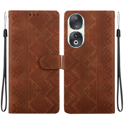 For Honor 90 Ethnic Pattern Embossed Vegan Leather Phone Case - Brown - EDA009984101A