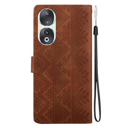 For Honor 90 Ethnic Pattern Embossed Vegan Leather Phone Case - Brown - EDA009984101A