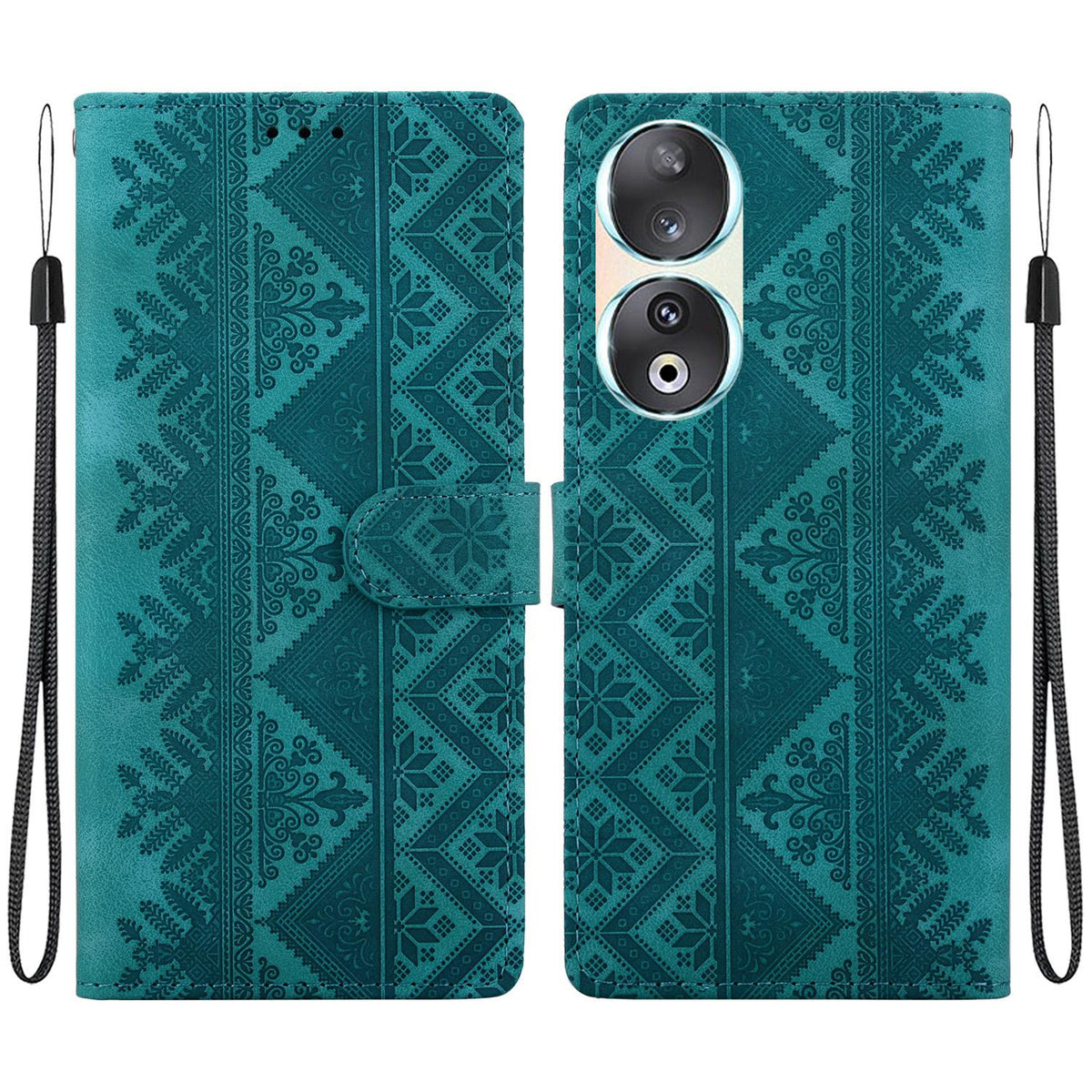For Honor 90 Ethnic Pattern Embossed Vegan Leather Phone Case - Green - EDA009984101B