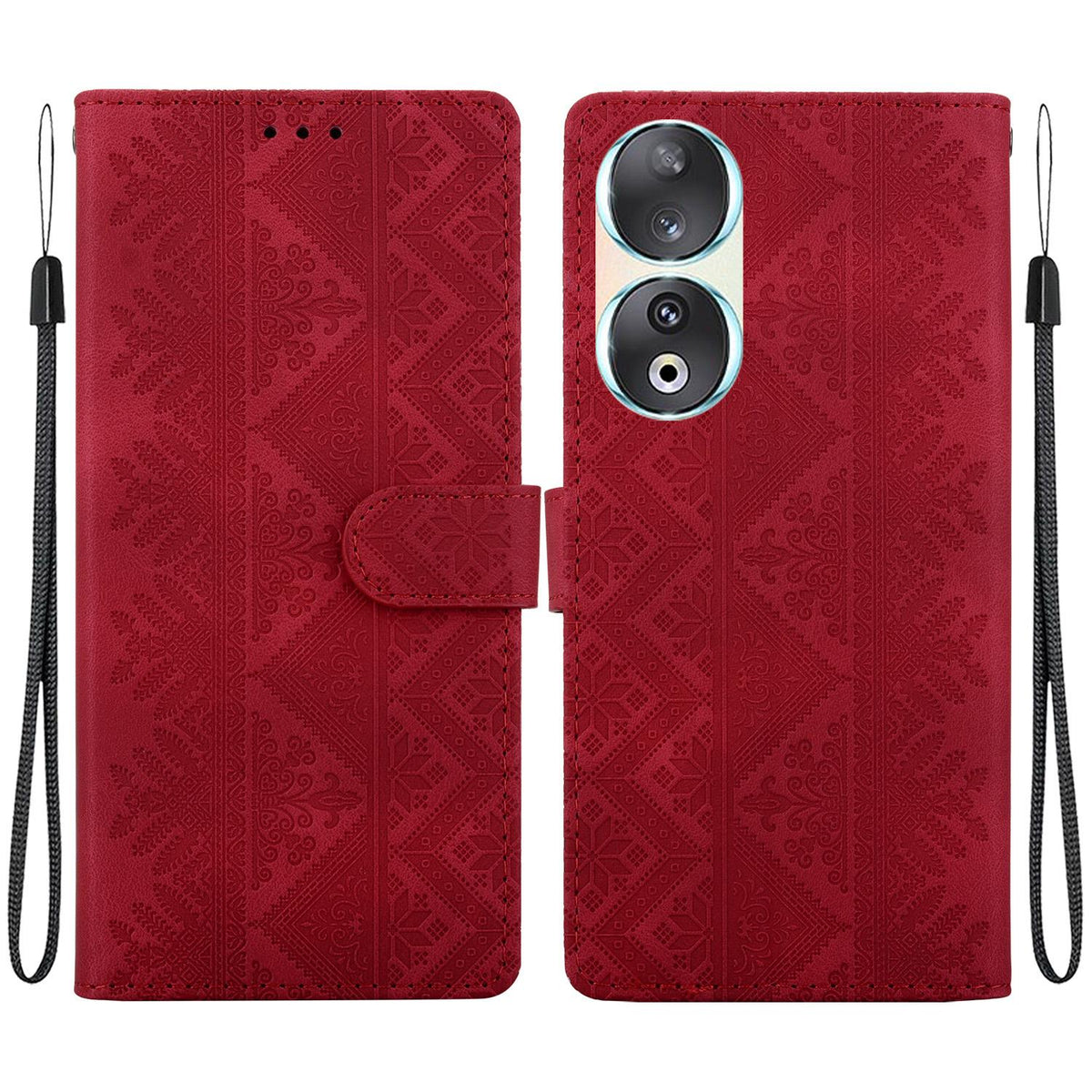 For Honor 90 Ethnic Pattern Embossed Vegan Leather Phone Case - Red - EDA009984101C