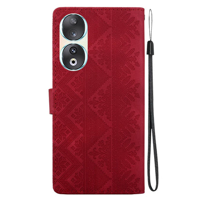 For Honor 90 Ethnic Pattern Embossed Vegan Leather Phone Case - Red - EDA009984101C