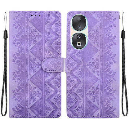 For Honor 90 Ethnic Pattern Embossed Vegan Leather Phone Case - Purple - EDA009984101D