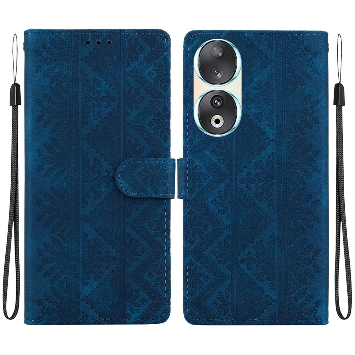For Honor 90 Ethnic Pattern Embossed Vegan Leather Phone Case - Dark Blue - EDA009984101E