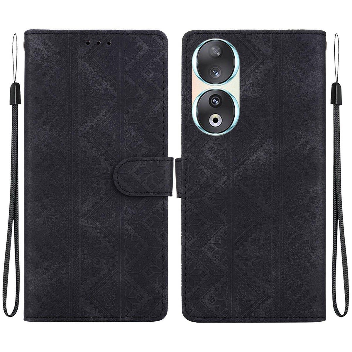 For Honor 90 Ethnic Pattern Embossed Vegan Leather Phone Case - Black - EDA009984101F