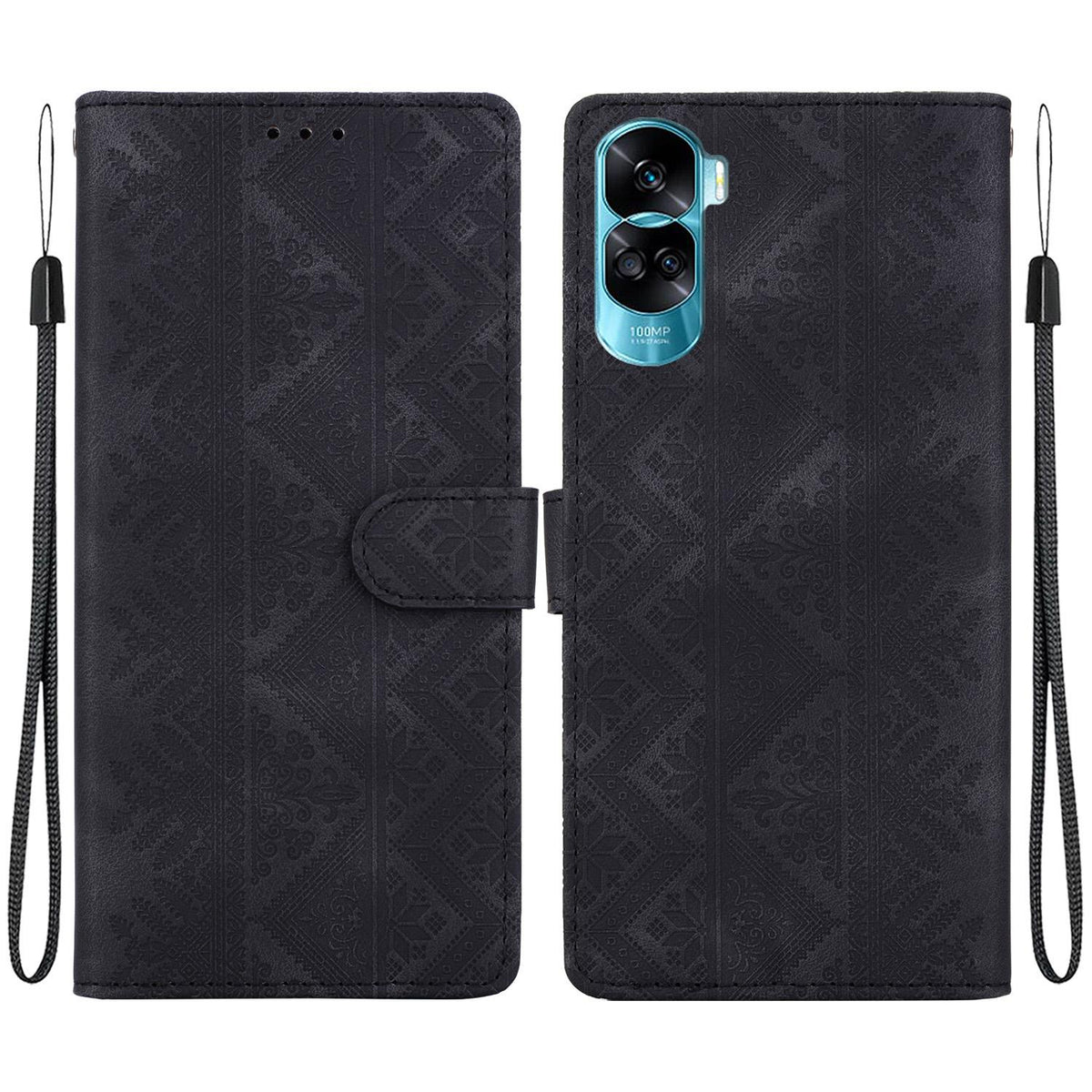 For Honor 90 Lite Ethnic Pattern Embossed Vegan Leather Phone Case - Black - EDA009984102F