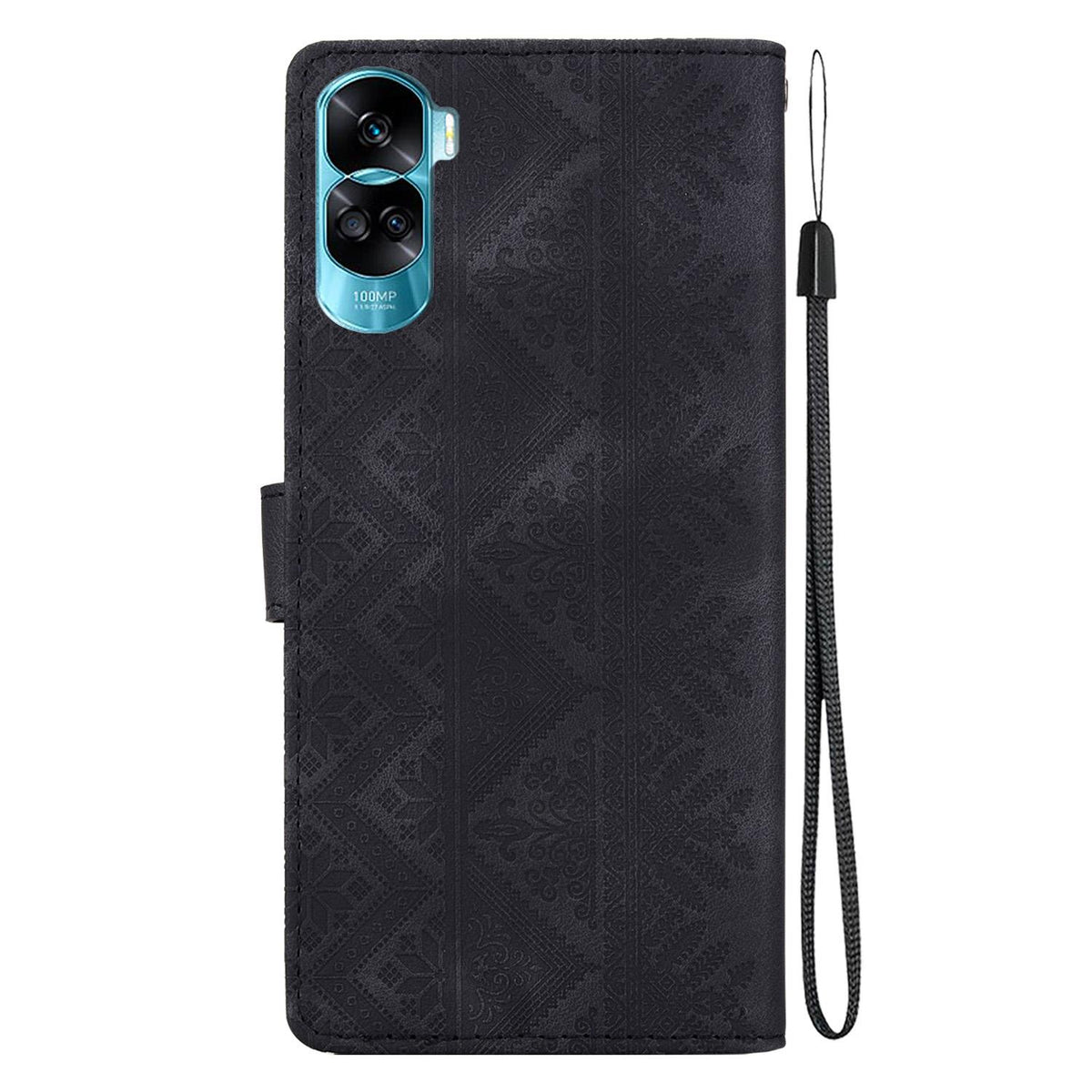 For Honor 90 Lite Ethnic Pattern Embossed Vegan Leather Phone Case - Black - EDA009984102F