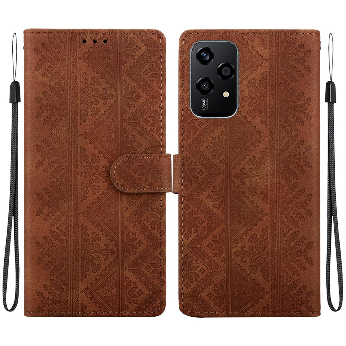 For Honor 200 Lite Global Ethnic Pattern Embossed Vegan Leather Phone Case - Brown - EDA009984104A