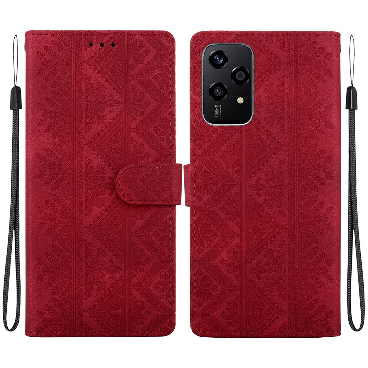For Honor 200 Lite Global Ethnic Pattern Embossed Vegan Leather Phone Case - Red - EDA009984104C