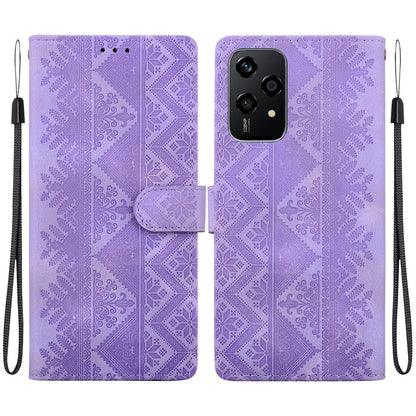 For Honor 200 Lite Global Ethnic Pattern Embossed Vegan Leather Phone Case - Purple - EDA009984104D