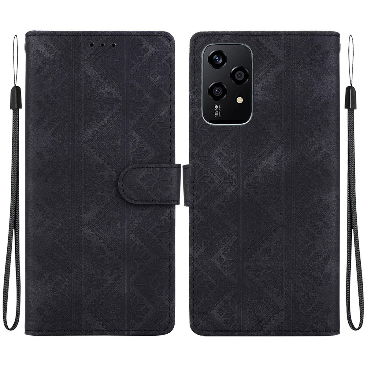 For Honor 200 Lite Global Ethnic Pattern Embossed Vegan Leather Phone Case - Black - EDA009984104F