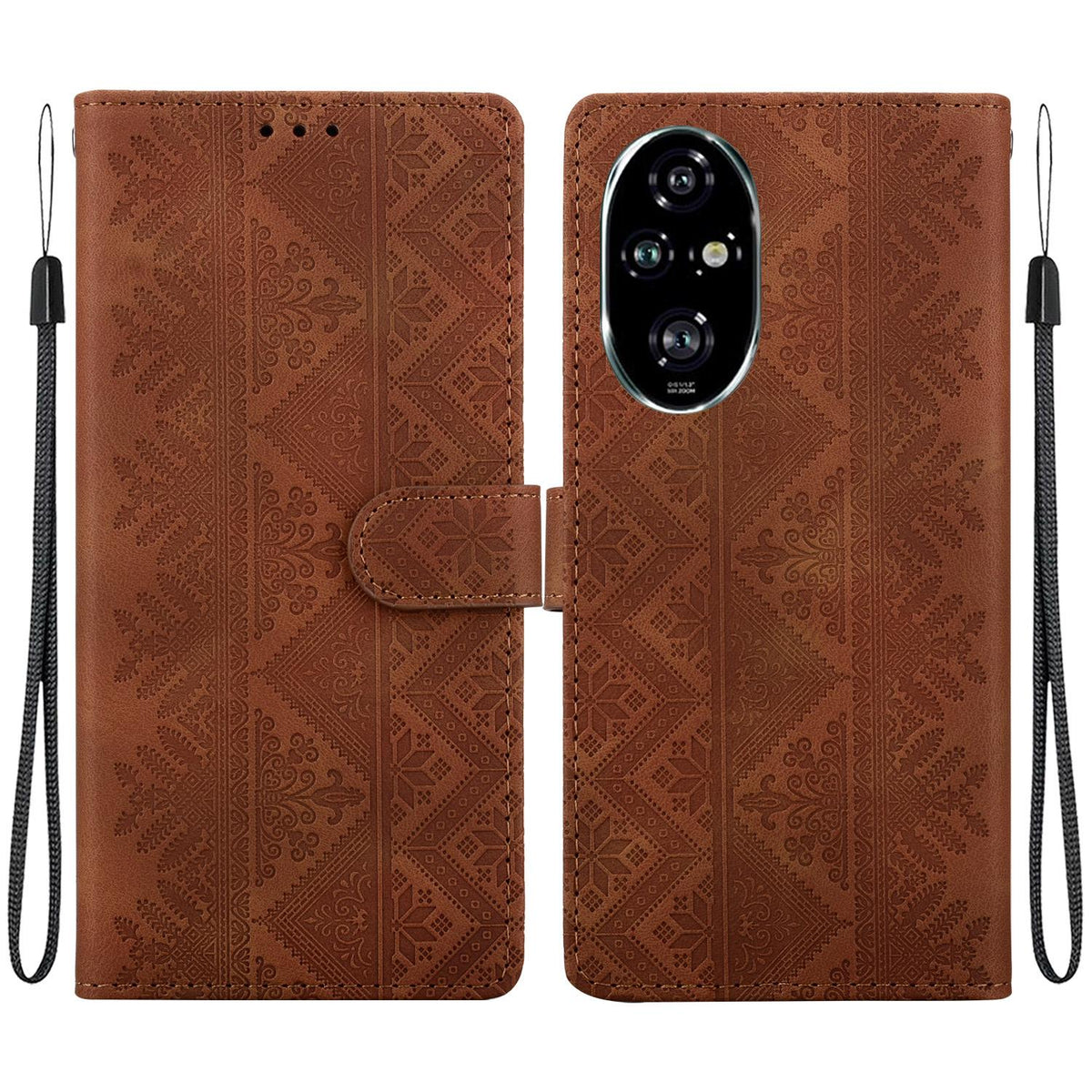 For Honor 200 Pro Ethnic Pattern Embossed Vegan Leather Phone Case - Brown - EDA009984105A