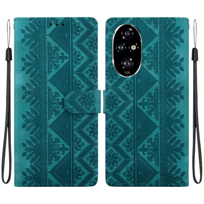 For Honor 200 Pro Ethnic Pattern Embossed Vegan Leather Phone Case - Green - EDA009984105B
