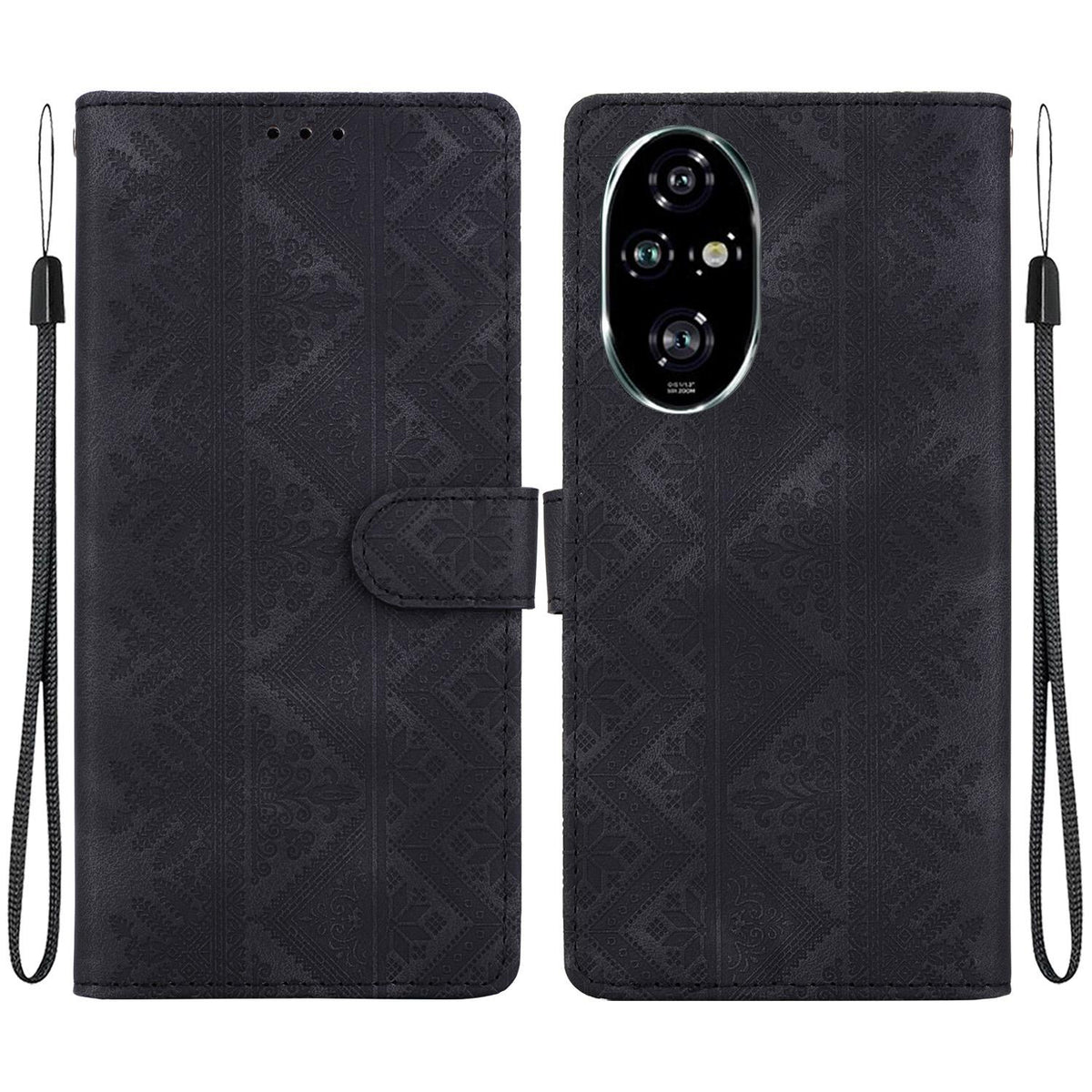 For Honor 200 Pro Ethnic Pattern Embossed Vegan Leather Phone Case - Black - EDA009984105F