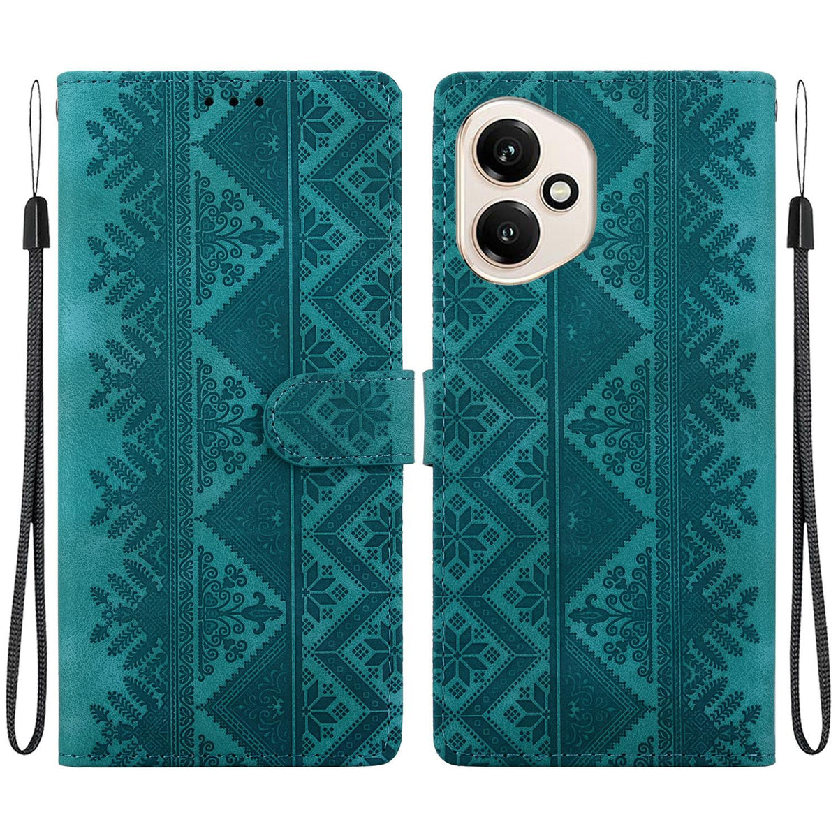 For Honor 400 Global 156.5mm Ethnic Pattern Embossed Vegan Leather Phone Case - Green - EDA009984107B
