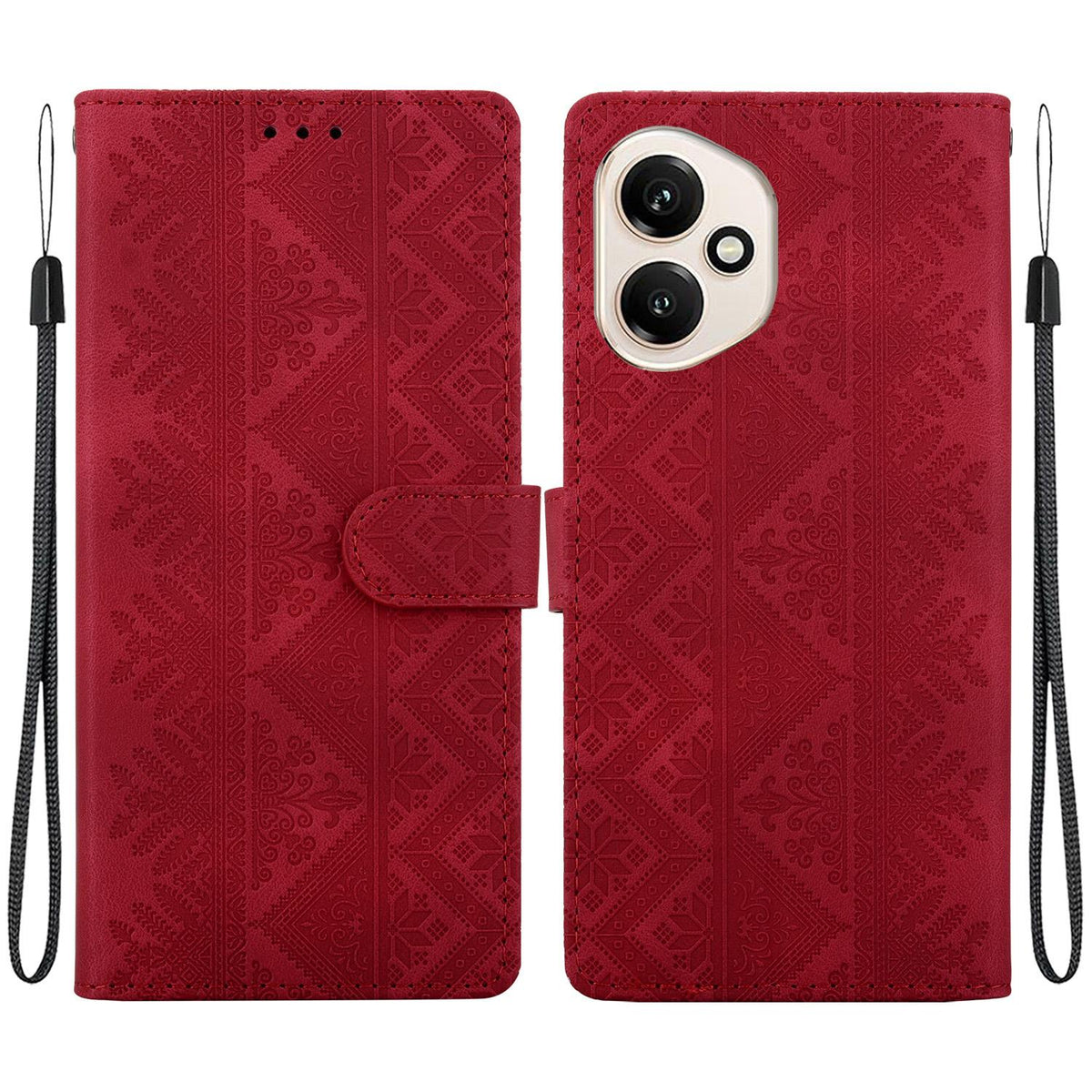 For Honor 400 Global 156.5mm Ethnic Pattern Embossed Vegan Leather Phone Case - Red - EDA009984107C