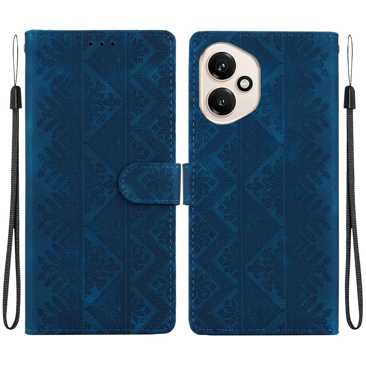 For Honor 400 Global 156.5mm Ethnic Pattern Embossed Vegan Leather Phone Case - Dark Blue - EDA009984107E
