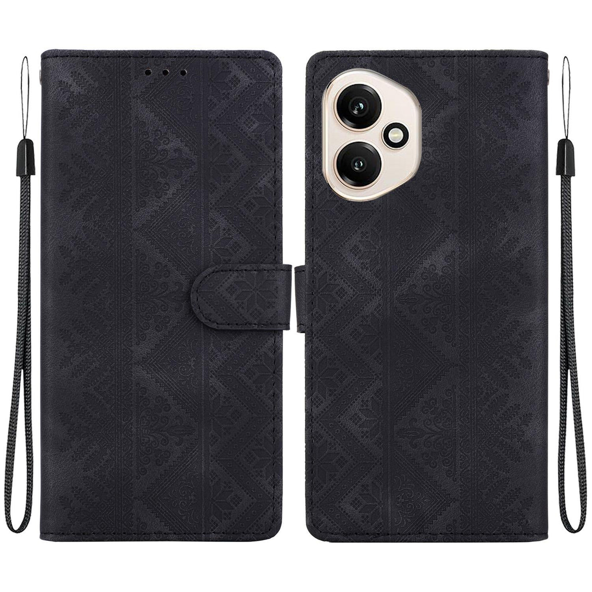 For Honor 400 Global 156.5mm Ethnic Pattern Embossed Vegan Leather Phone Case - Black - EDA009984107F