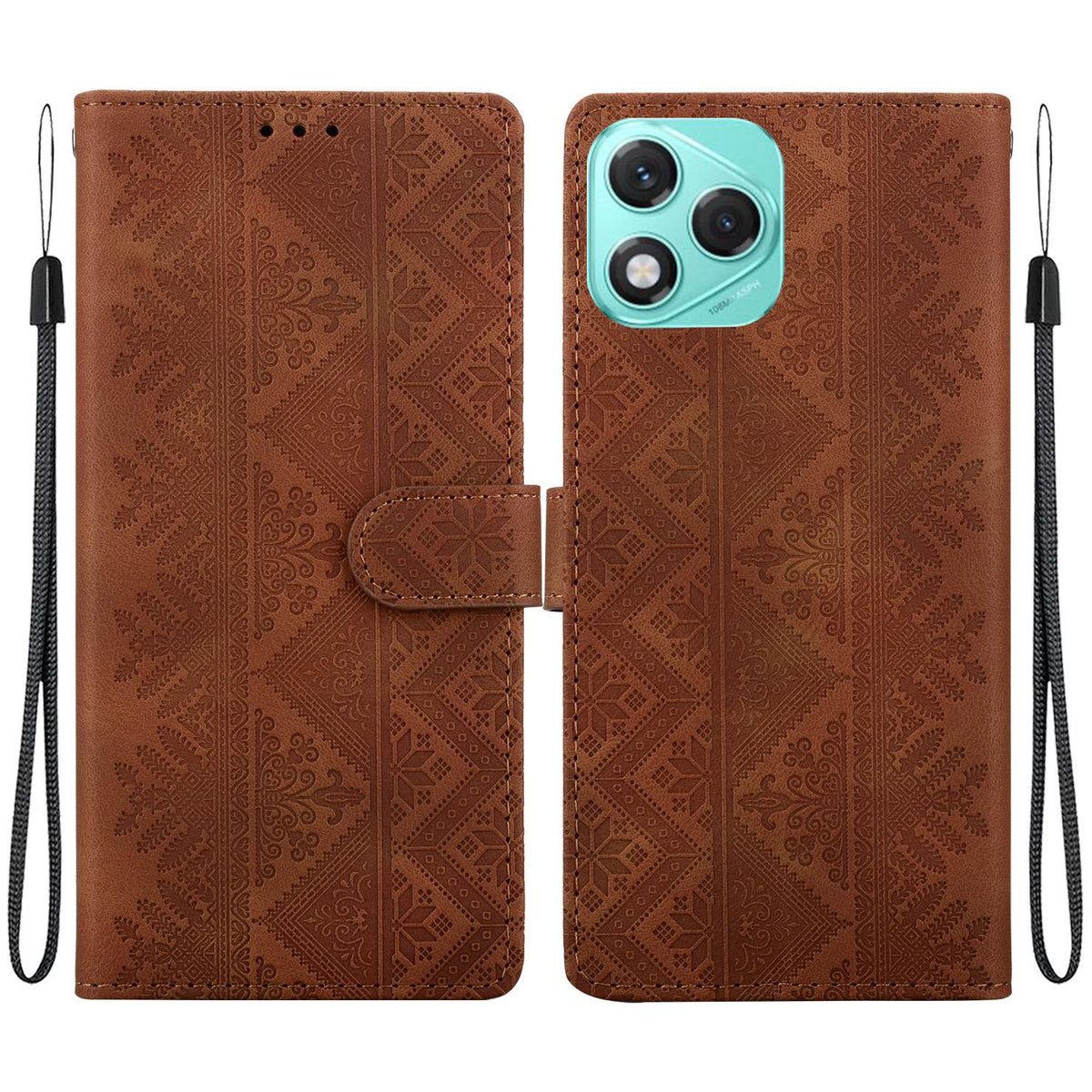 For Honor 400 Lite Global Ethnic Pattern Embossed Vegan Leather Phone Case - Brown - EDA009984108A