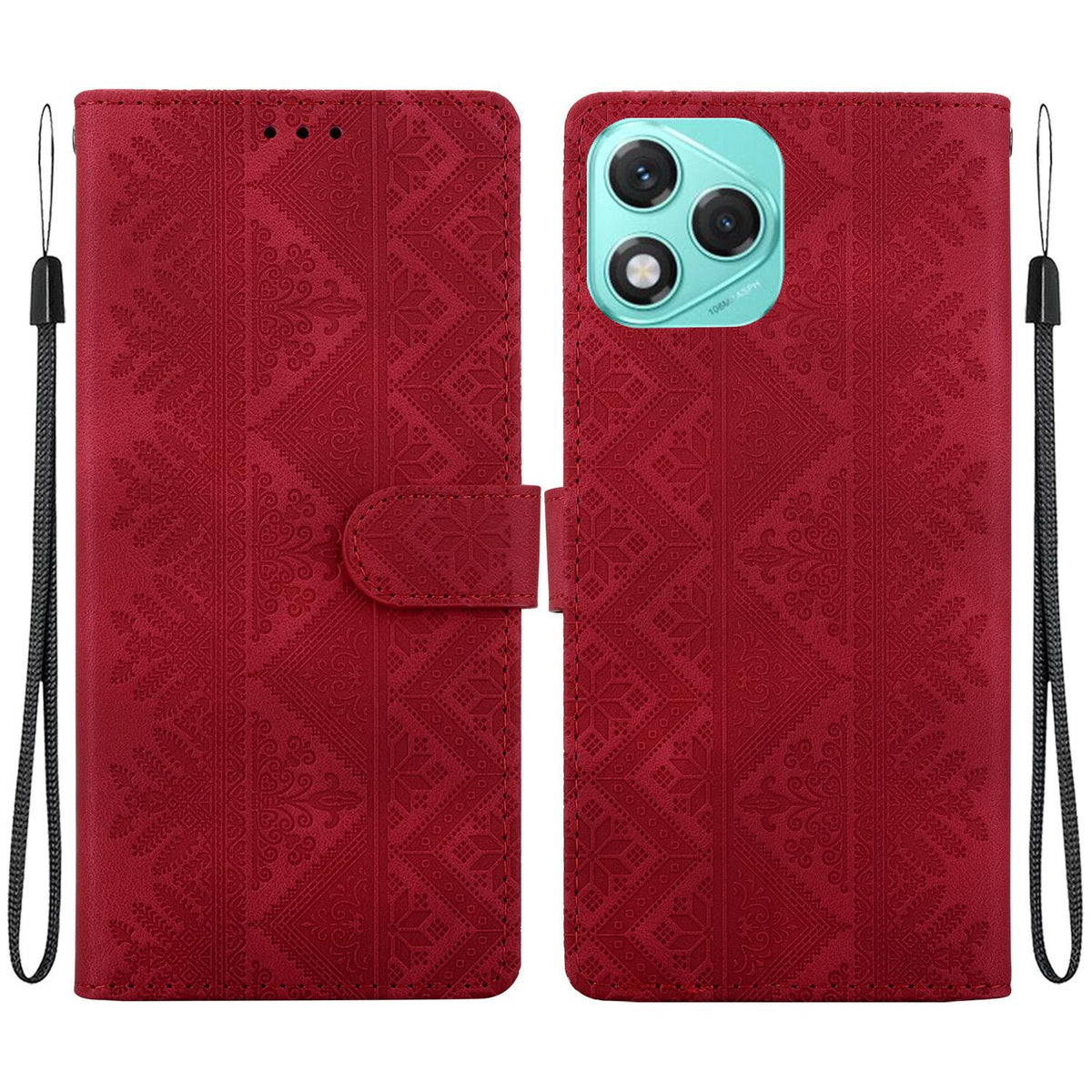 For Honor 400 Lite Global Ethnic Pattern Embossed Vegan Leather Phone Case - Red - EDA009984108C
