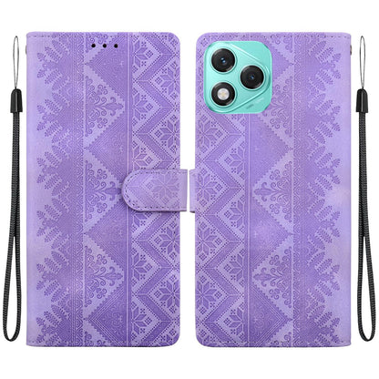 For Honor 400 Lite Global Ethnic Pattern Embossed Vegan Leather Phone Case - Purple - EDA009984108D
