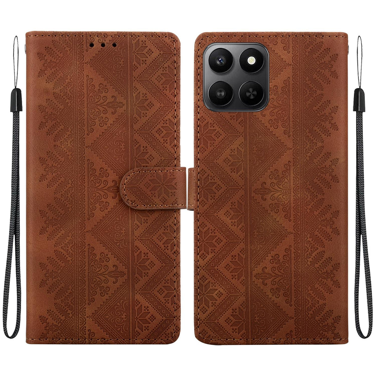 For Honor 400 Smart 5G Ethnic Pattern Embossed Vegan Leather Phone Case - Brown - EDA009984110A