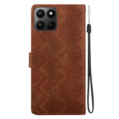 For Honor 400 Smart 5G Ethnic Pattern Embossed Vegan Leather Phone Case - Brown - EDA009984110A