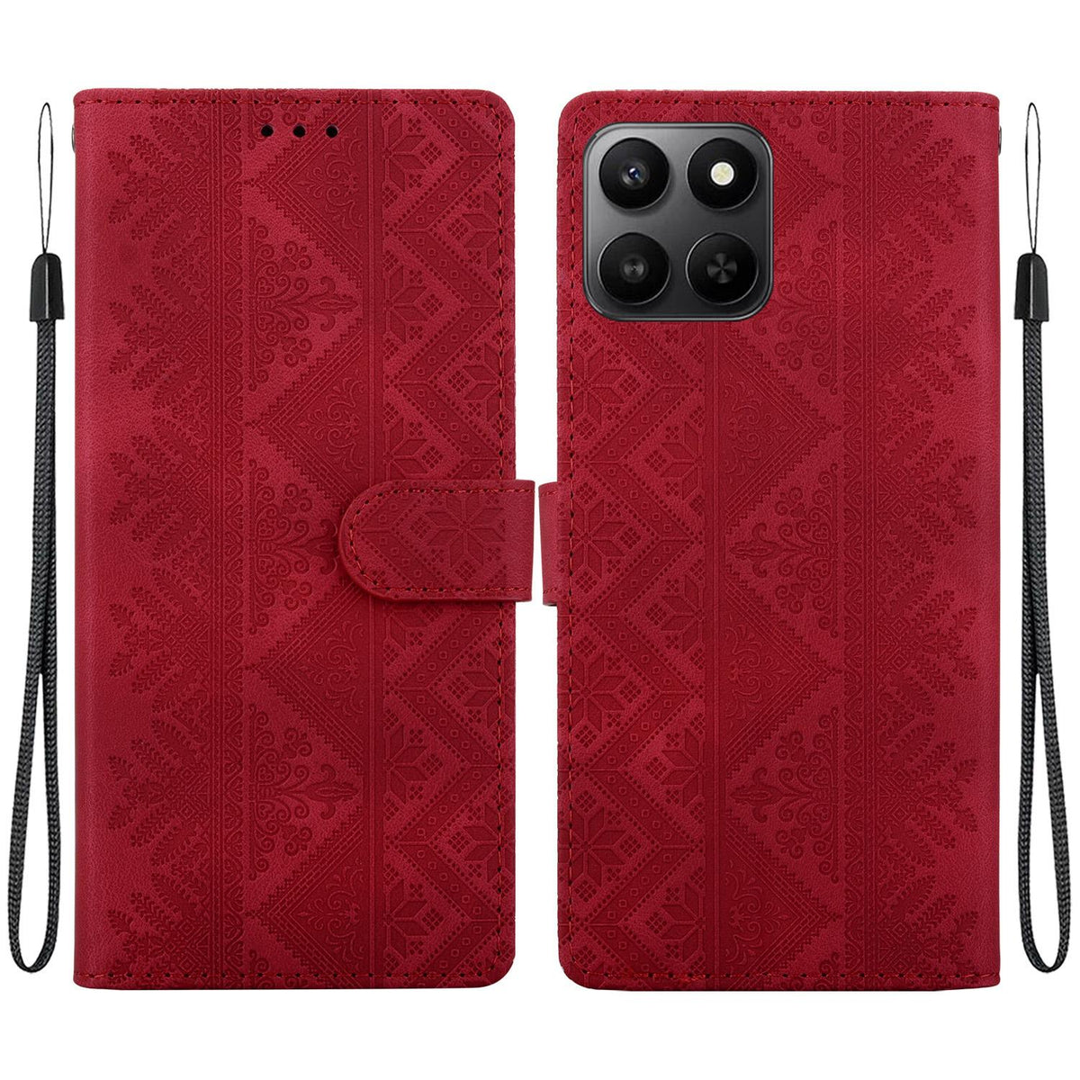 For Honor 400 Smart 5G Ethnic Pattern Embossed Vegan Leather Phone Case - Red - EDA009984110C