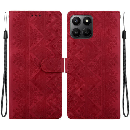 For Honor 400 Smart 5G Ethnic Pattern Embossed Vegan Leather Phone Case - Red - EDA009984110C