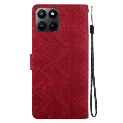 For Honor 400 Smart 5G Ethnic Pattern Embossed Vegan Leather Phone Case - Red - EDA009984110C