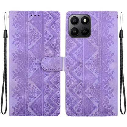 For Honor 400 Smart 5G Ethnic Pattern Embossed Vegan Leather Phone Case - Purple - EDA009984110D