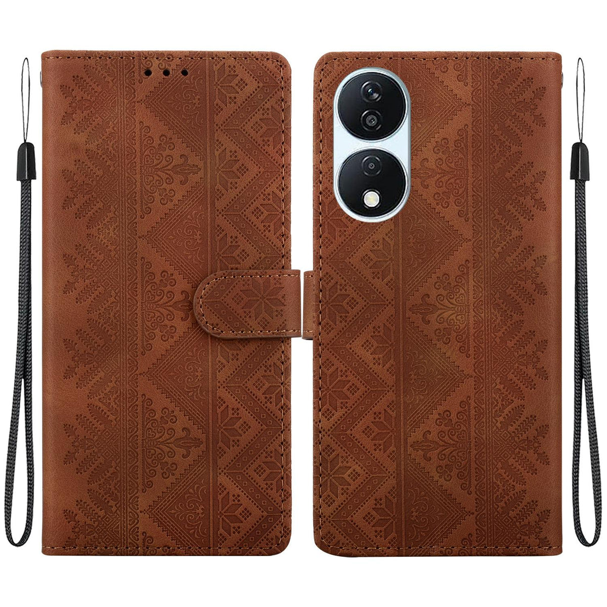 For Honor Play 50 Plus / X7b 4G / 5G Ethnic Pattern Embossed Vegan Leather Phone Case - Brown - EDA009984113A