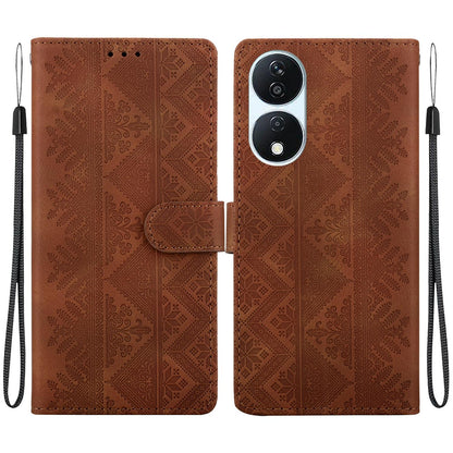 For Honor Play 50 Plus / X7b 4G / 5G Ethnic Pattern Embossed Vegan Leather Phone Case - Brown - EDA009984113A