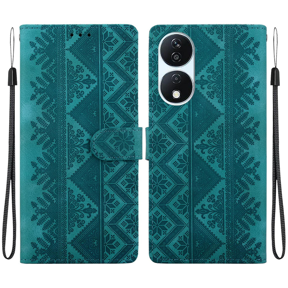 For Honor Play 50 Plus / X7b 4G / 5G Ethnic Pattern Embossed Vegan Leather Phone Case - Green - EDA009984113B