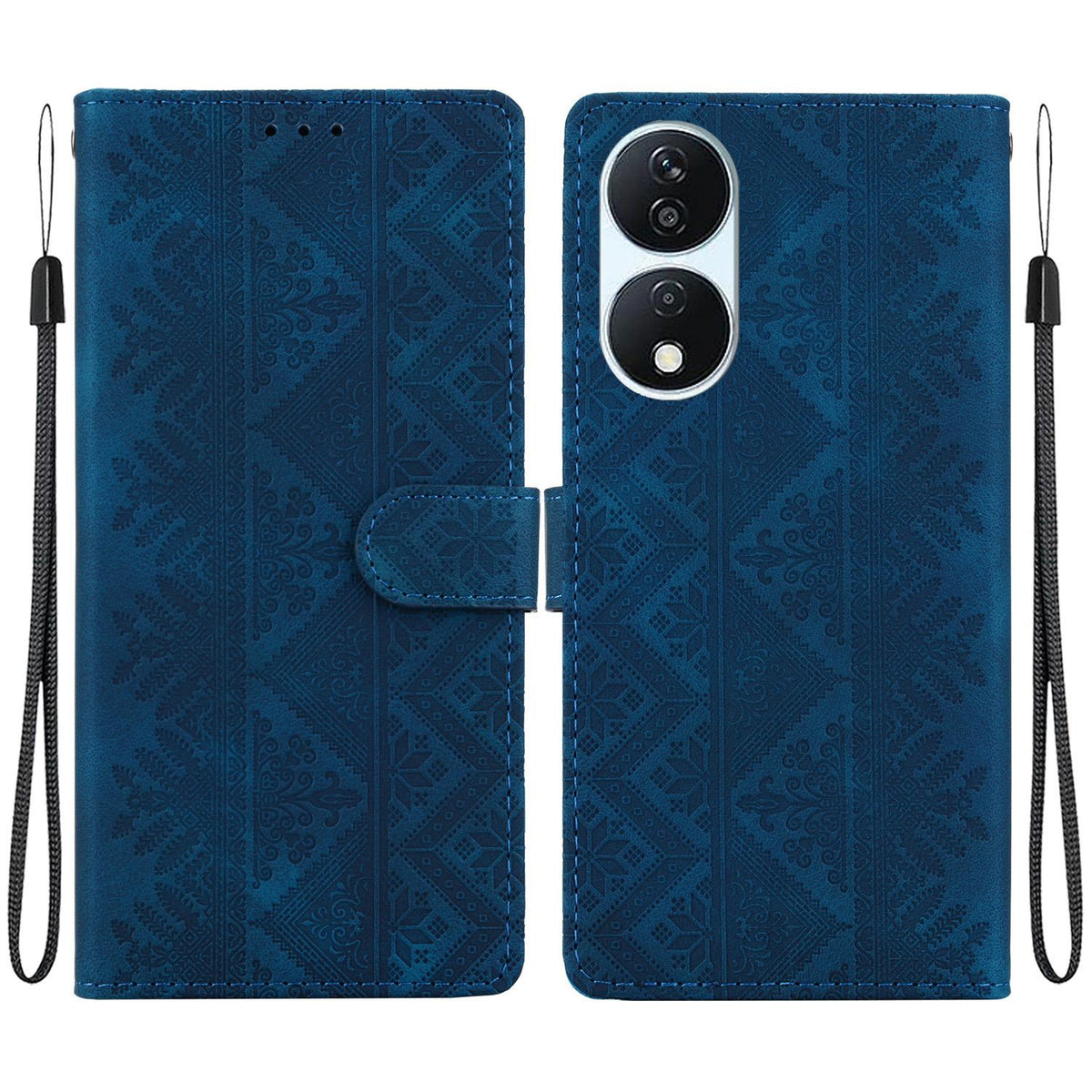 For Honor Play 50 Plus / X7b 4G / 5G Ethnic Pattern Embossed Vegan Leather Phone Case - Dark Blue - EDA009984113E