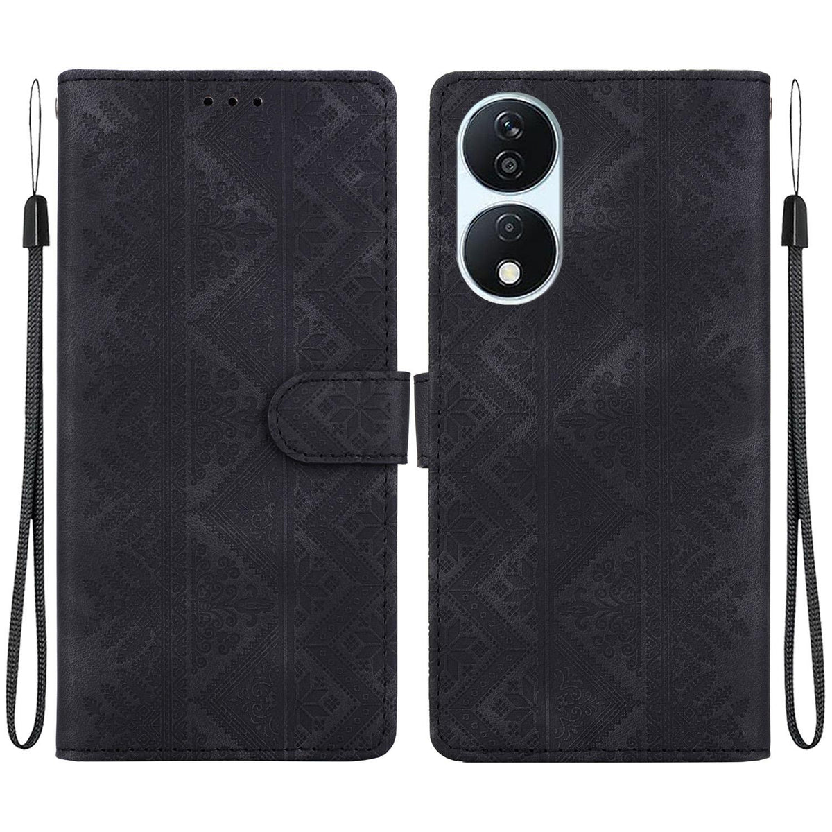 For Honor Play 50 Plus / X7b 4G / 5G Ethnic Pattern Embossed Vegan Leather Phone Case - Black - EDA009984113F