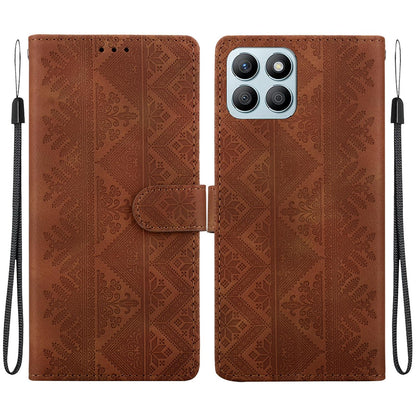 For Honor X8b 4G Ethnic Pattern Embossed Vegan Leather Phone Case - Brown - EDA009984116A