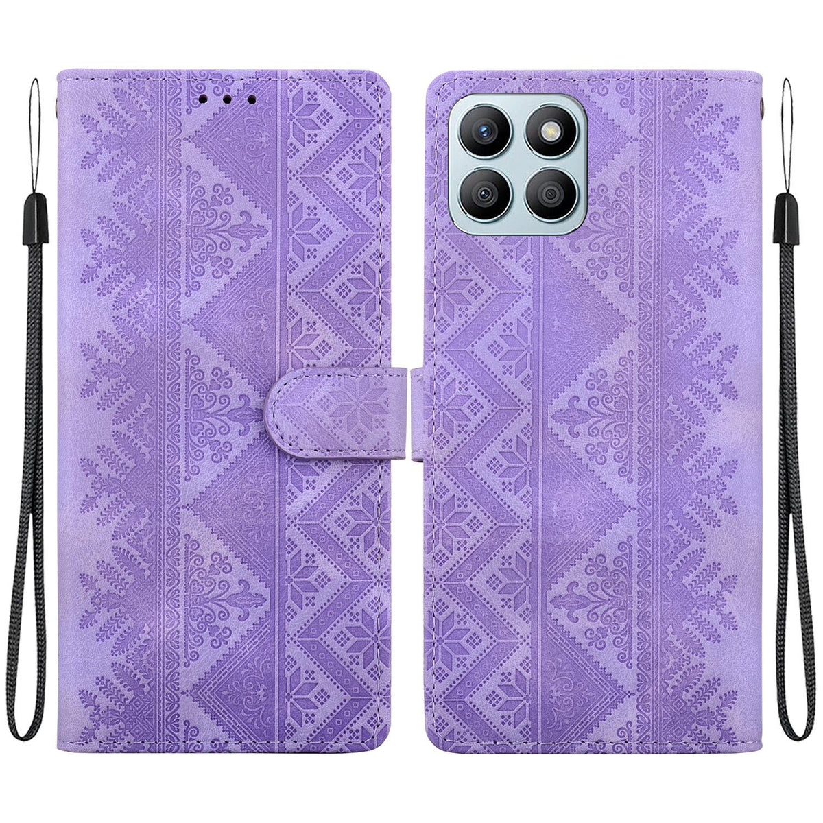 For Honor X8b 4G Ethnic Pattern Embossed Vegan Leather Phone Case - Purple - EDA009984116D