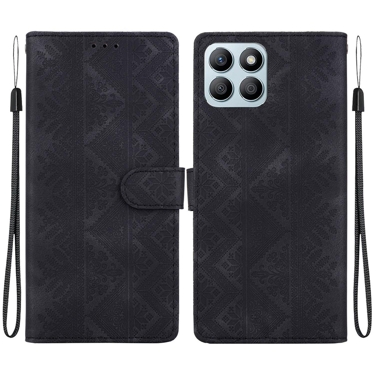 For Honor X8b 4G Ethnic Pattern Embossed Vegan Leather Phone Case - Black - EDA009984116F