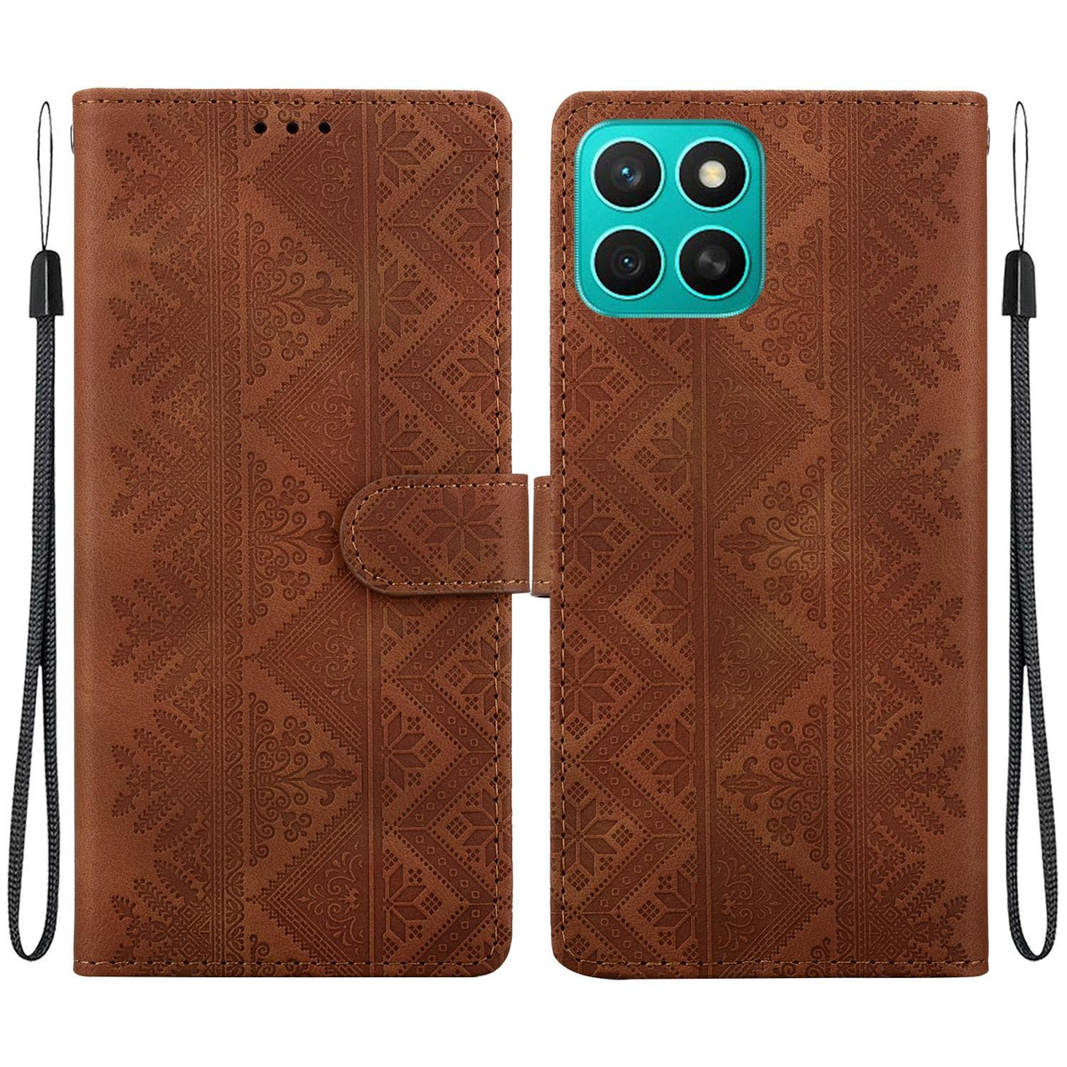 For Honor X8c 4G Ethnic Pattern Embossed Vegan Leather Phone Case - Brown - EDA009984117A