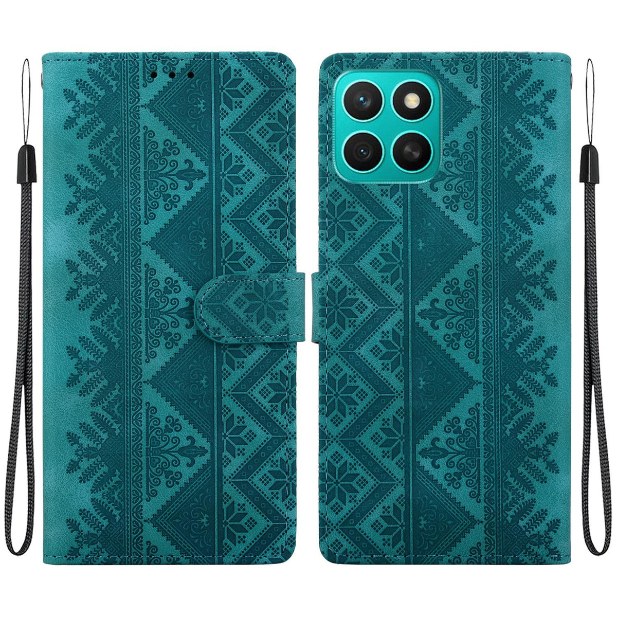 For Honor X8c 4G Ethnic Pattern Embossed Vegan Leather Phone Case - Green - EDA009984117B
