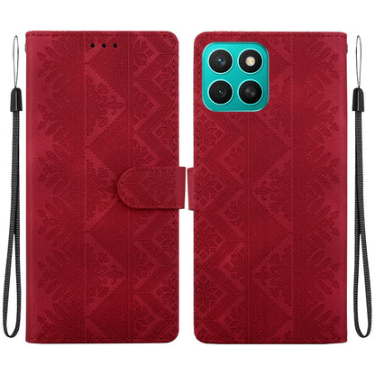 For Honor X8c 4G Ethnic Pattern Embossed Vegan Leather Phone Case - Red - EDA009984117C