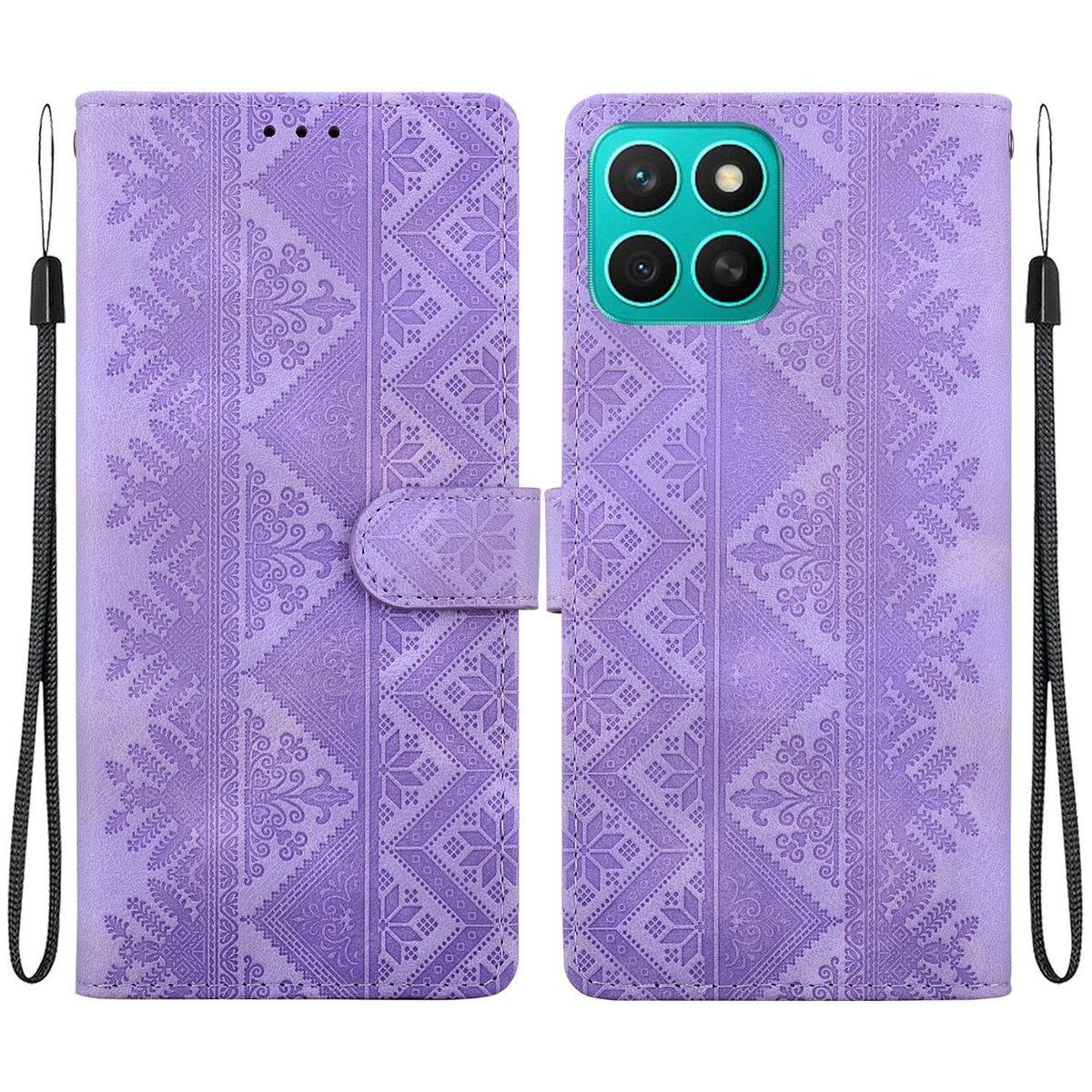 For Honor X8c 4G Ethnic Pattern Embossed Vegan Leather Phone Case - Purple - EDA009984117D