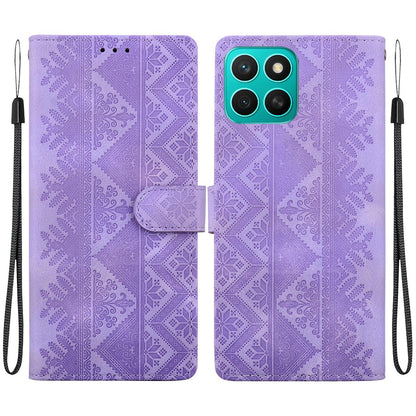 For Honor X8c 4G Ethnic Pattern Embossed Vegan Leather Phone Case - Purple - EDA009984117D